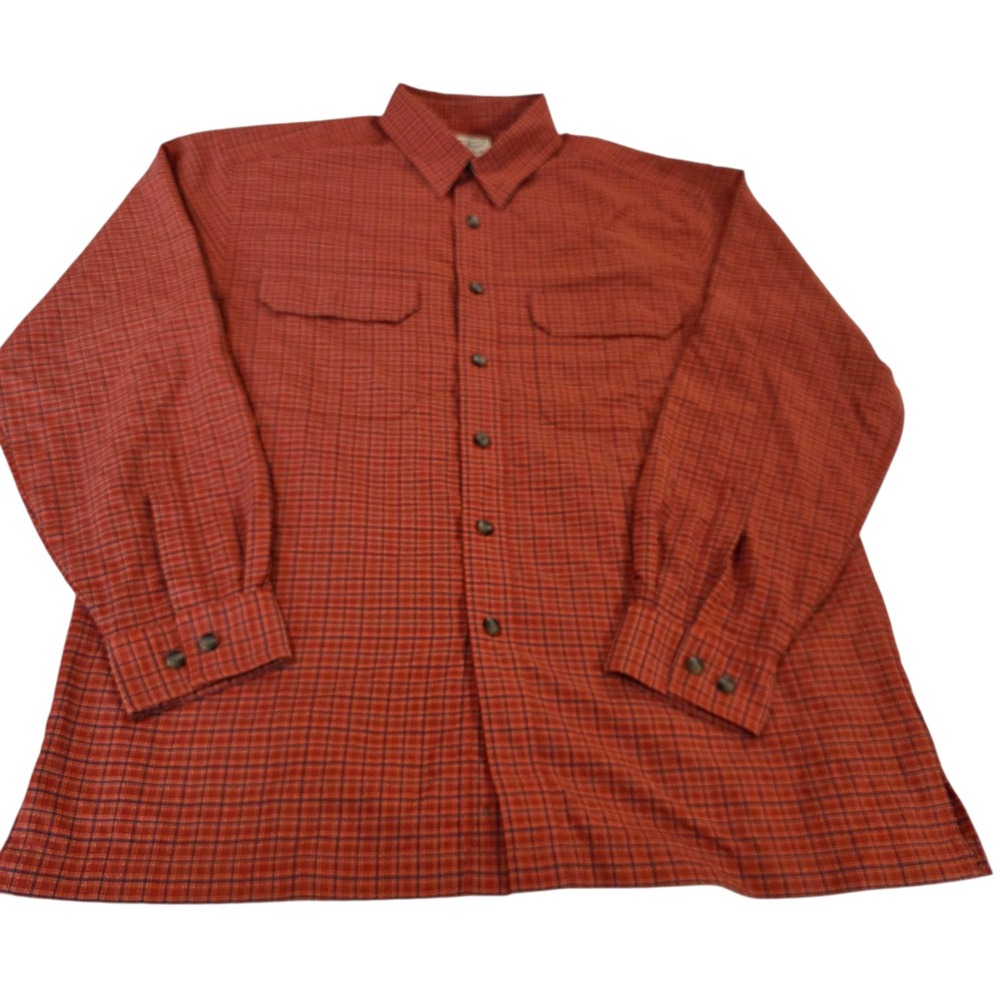 LL Bean Button Up Shirt Mens Burnt Orange M Plaid Flap Pocket Woven Western Tee